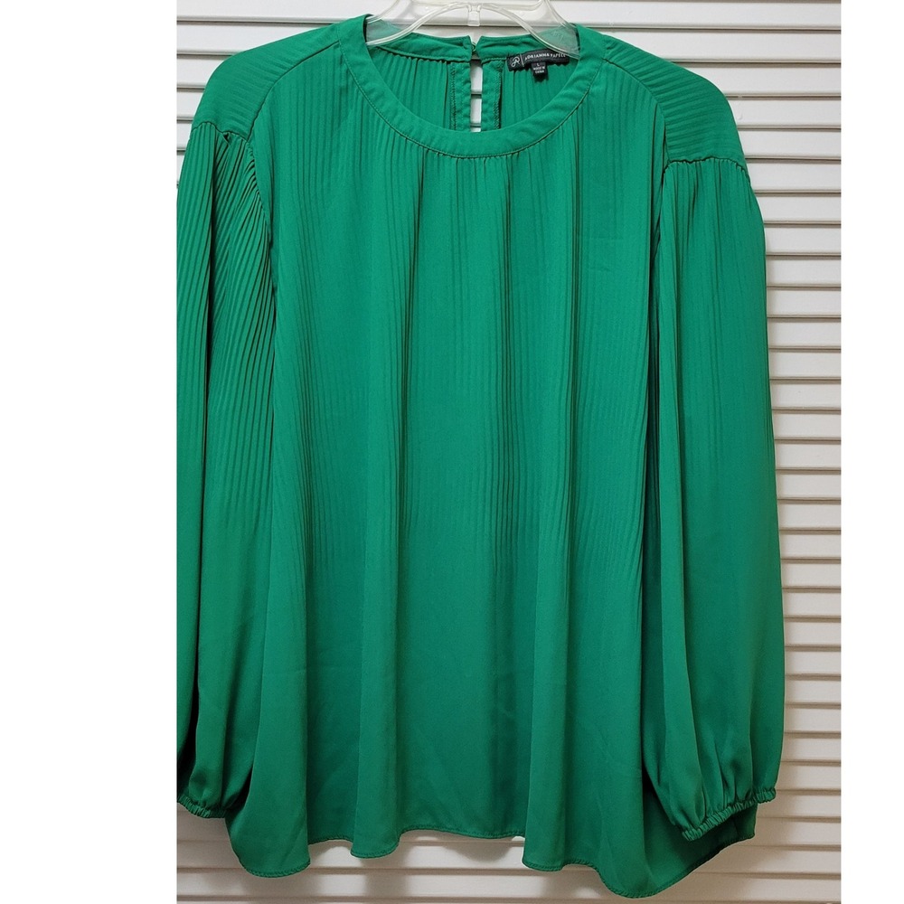 Green Pleated Fancy Balloon Sleeve Drape like Blouse Large Keyhole Back Bright